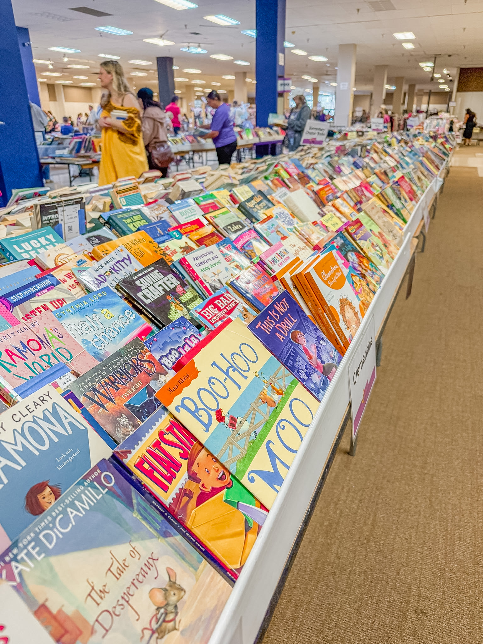 colorful books lined up on display with shoppers in the background