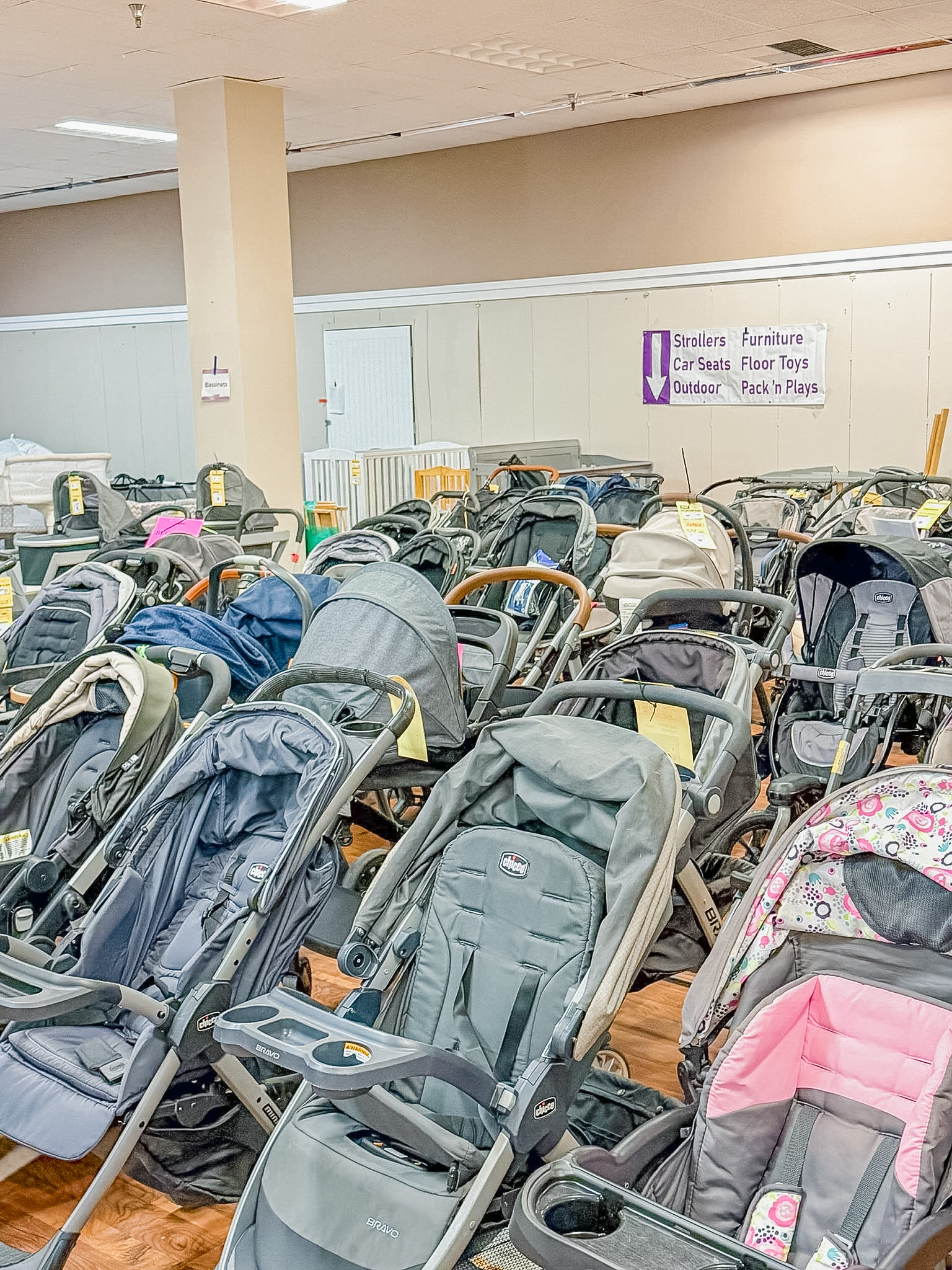 Strollers lined up for sale at the JBF North Bay event